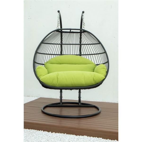 BRAND NEW GREEN DOUBLE HANGING EGG CHAIR - RETAIL $1969 W/ FOLDABLE FRAME, POWDER COATED STEEL FRAME