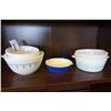 Image 1 : 3 PYREX MIXING BOWLS AND 2 PYREX BAKING DISHES AND MINI CAST IRON PAN