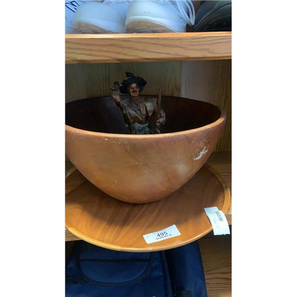 WOOD PLATTER, LARGE WOOD BOWL AND FIGURE