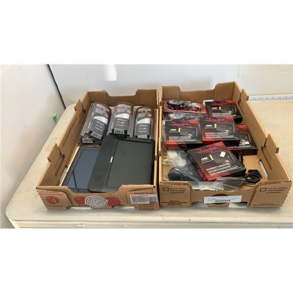 Two trays of Rocketfish Electronics, tablet screen cleaners and more