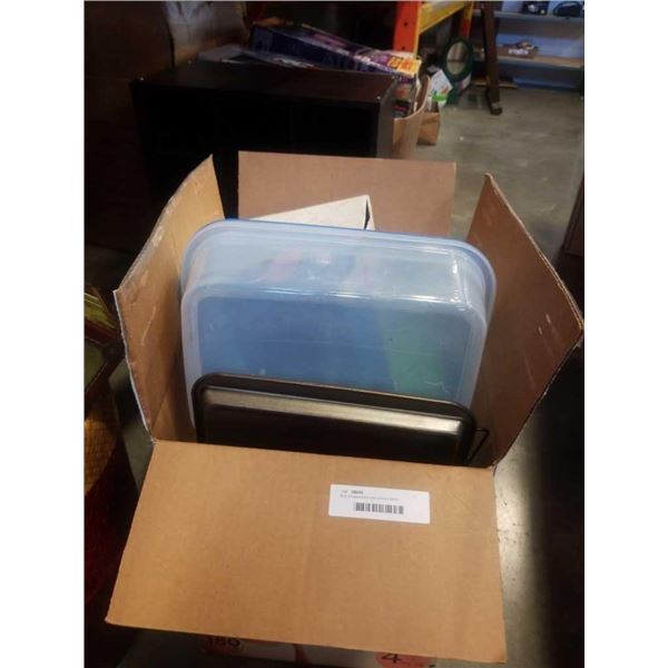 Box of tupperware and kitchen items