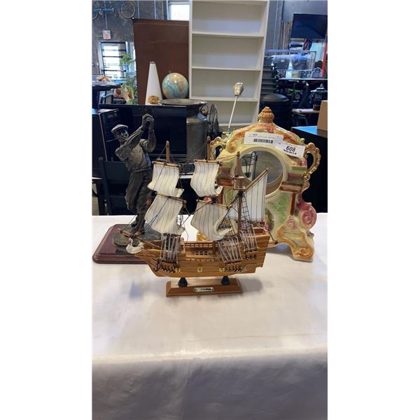 WOOD SHIP, CLOCK CASE, AND GOLF TROPHY