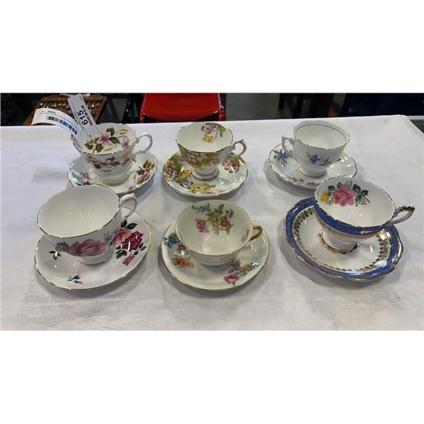 6 CHINA CUPS AND SAUCERS - ROYAL ALBERT, ROYAL STANDARD, LIMOGE, ROYAL ALBERT CLIMATIS AND 2 ROYAL V