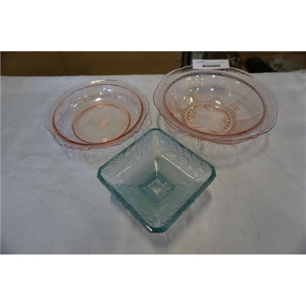 2 PINK GLASS SERVING BOWLS AND BLUE GLASS DISH