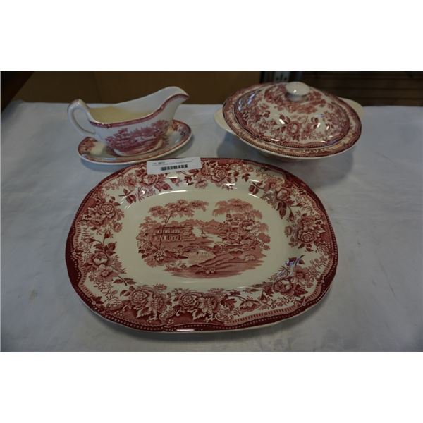 5 PIECES CLARIC CLIFF TRANSFER WARE SIGNED CHINA - INCLUDES LIDDED VEGETABLE BOWL, GRAVY BOAT WITH T