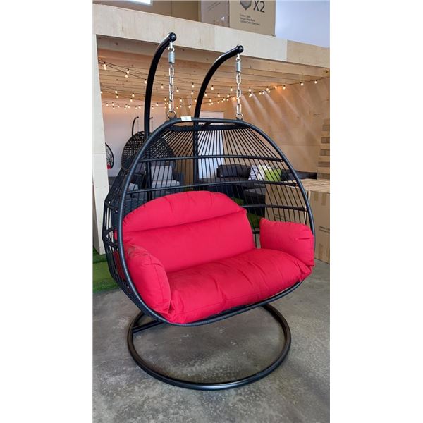 BRAND NEW RED DOUBLE HANGING EGG CHAIR - RETAIL $1969 W/ FOLDABLE FRAME, POWDER COATED STEEL FRAME, 
