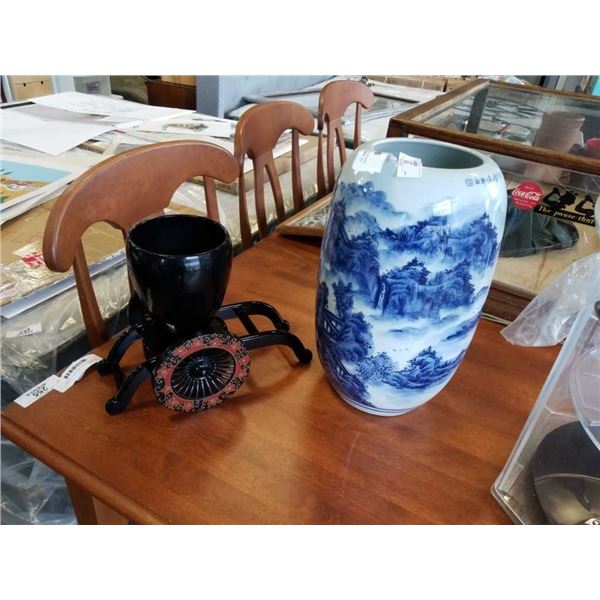 EASTERN VASE AND VASE ON CART STAND