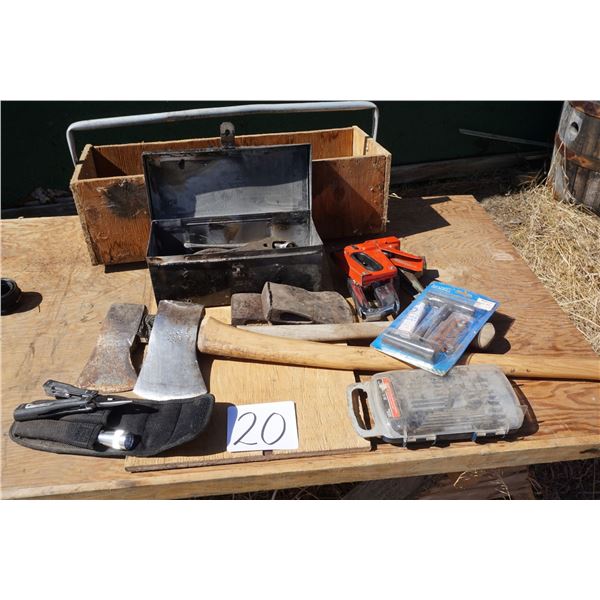 Old Wrenches, 2 Axes & Axe Head, Staplers, Tire Repair Kit, Multi Tool