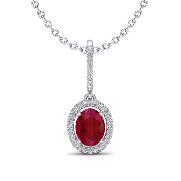 2 ctw Ruby & Micro Pave VS/SI Diamond Necklace Halo 18k White Gold - REF-55A2N