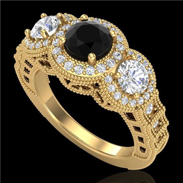 2.16 ctw Fancy Black Diamond Art Deco 3 Stone Ring 18k Yellow Gold - REF-254F5M