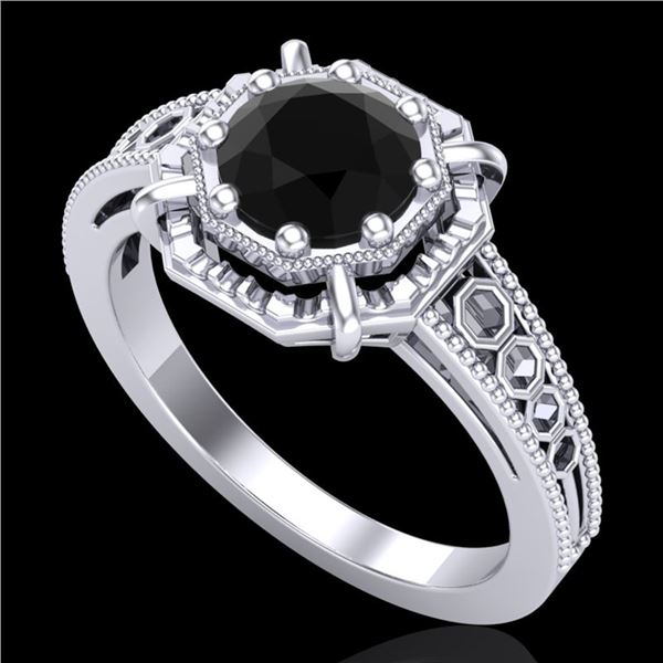 1 ctw Fancy Black Diamond Engagment Art Deco Ring 18k White Gold - REF-100W2H