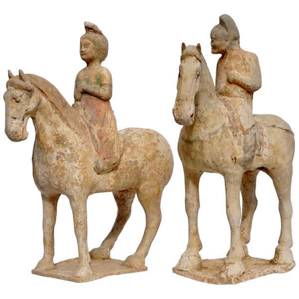 Chinese Pottery Lady And Man Horse Rider Statue