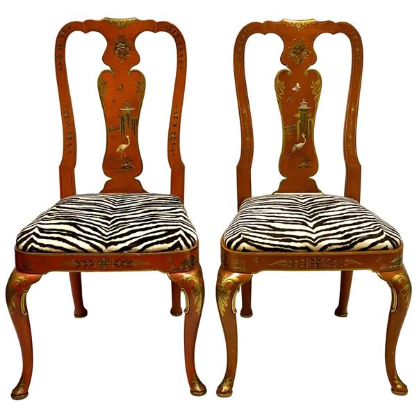 Walnut Wood Side Chair Pair Queen Anne