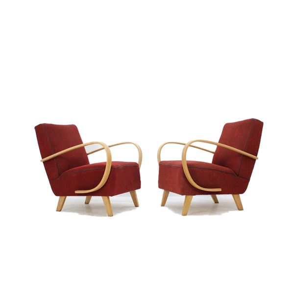 Beech Wood And Fabric Lounge Chair Pair