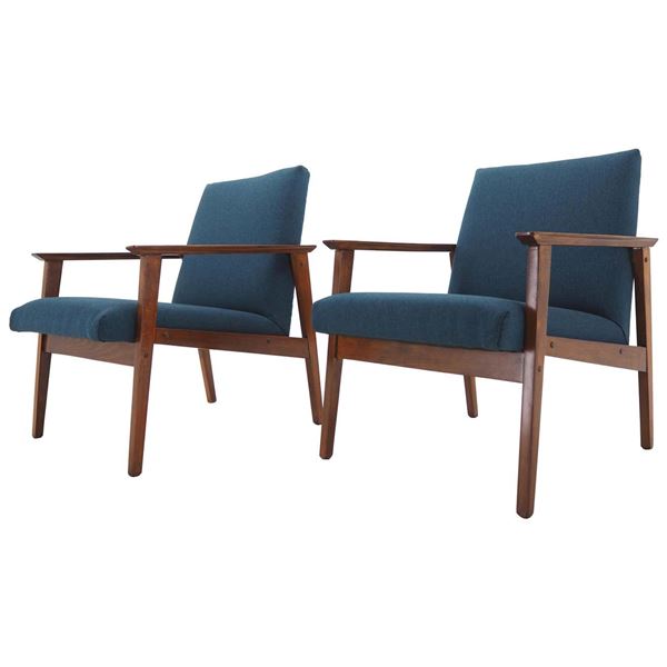 Harwood And Fabric Lounge ArmChair Pair