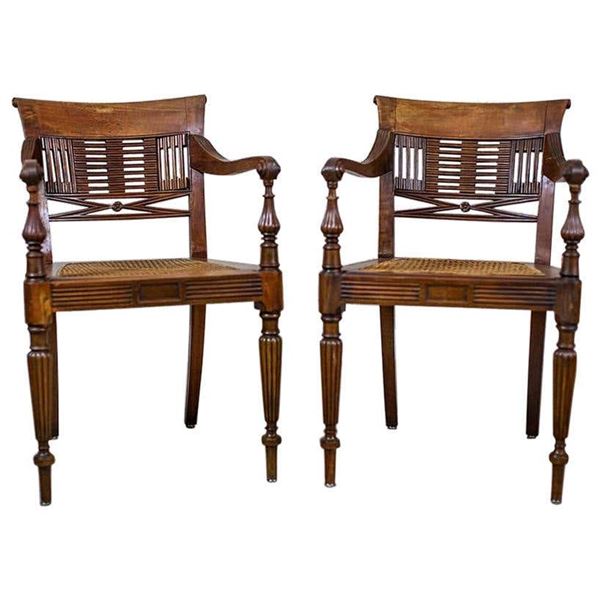 Walnut Wood And Rattan ArmChair Pair