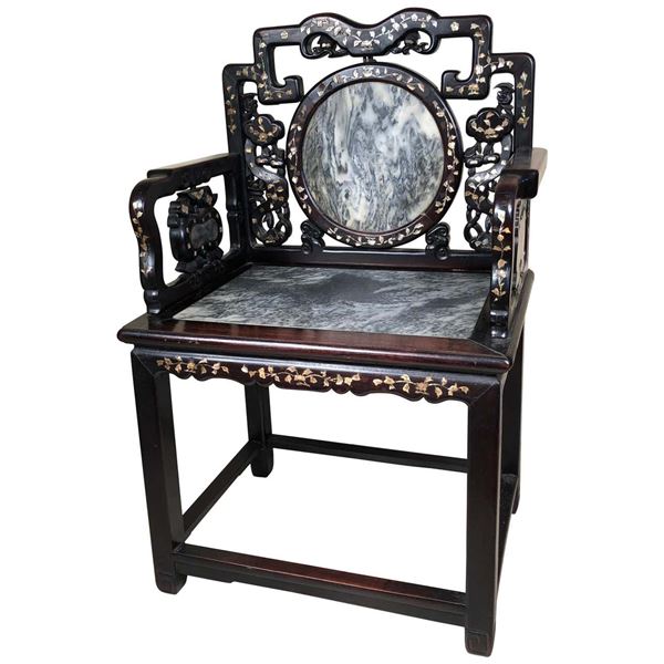 Chinese Rosewood And Marble Chair Qing