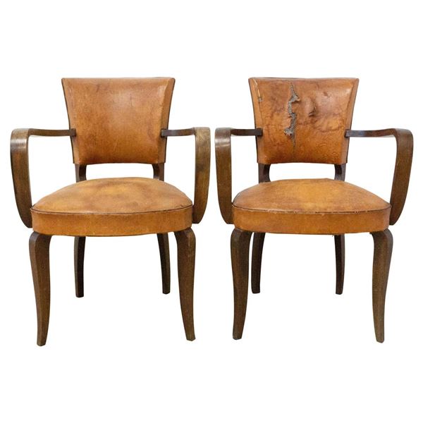 Walnut Wood And Leather ArmChair Pair