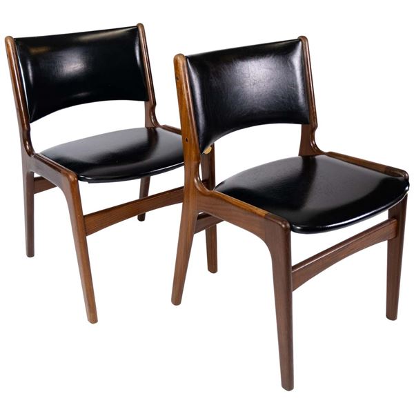 Teak Wood And Leather Side Chair Pair