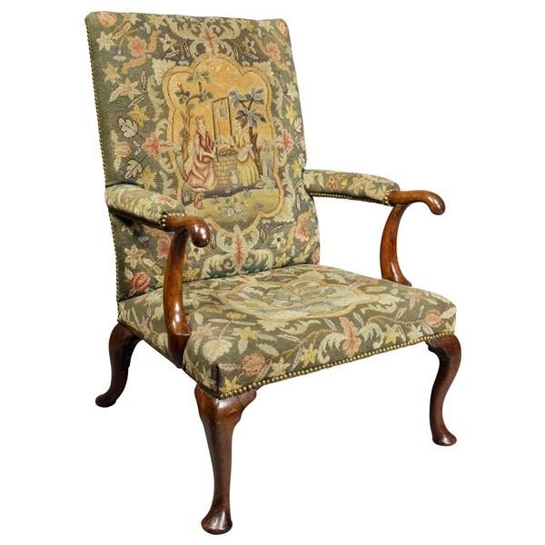 Walnut Wood And Upholstered Armchair Queen Anne