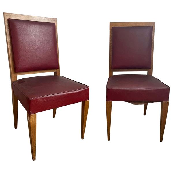 Oak Wood And Leather Side Chair Pair