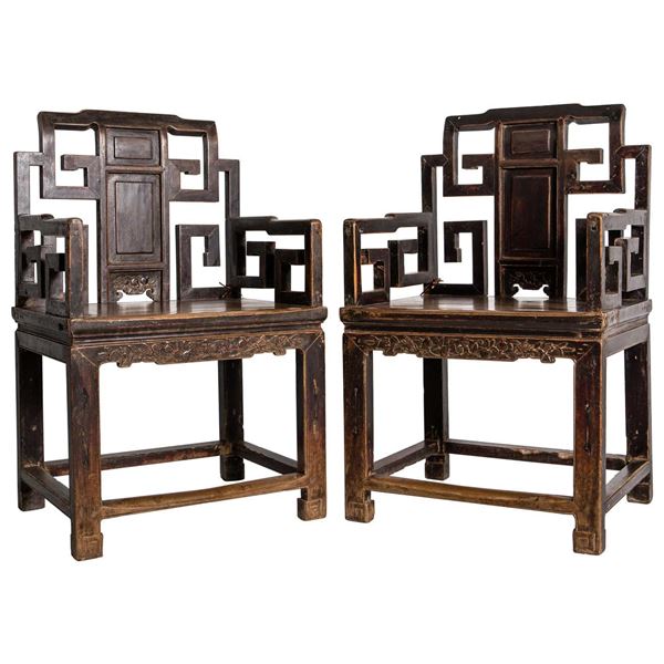 Chinese Elm Wood ArmChair Pair Qing