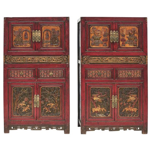 Chinese Lacquer Wood Cabinet Pair Qing