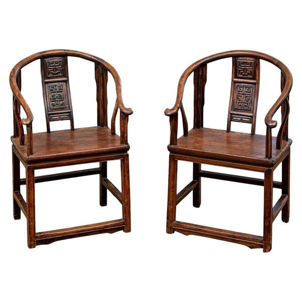 Chinese Elm Wood ArmChair Pair Qing