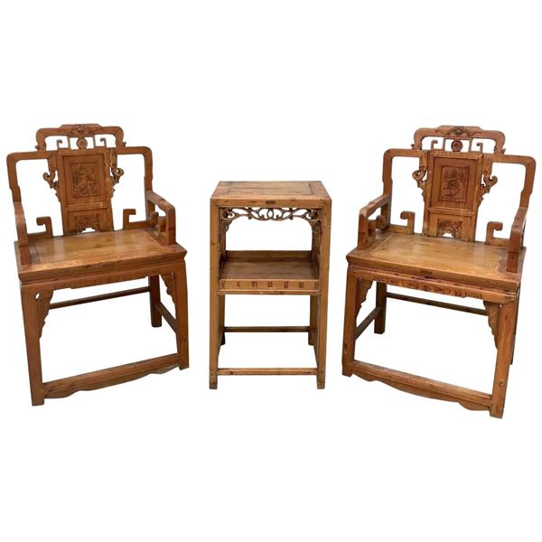 Chinese Elm Wood ArmChair Pair And Table Qing