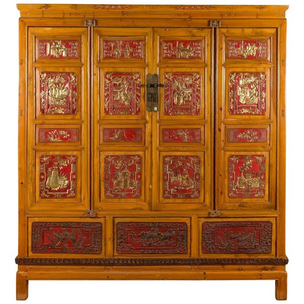Chinese Walnut Wood Gilt Cabinet Qing