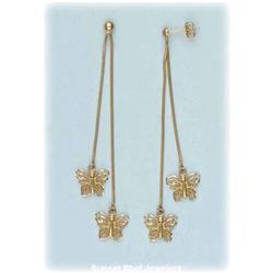 3" Solid 14K Gold Dangle Butterfly Earrings YG