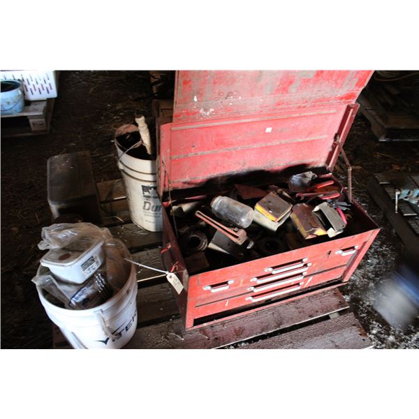 Tool box with contents, table saw, hardware etc (everything on pallet)