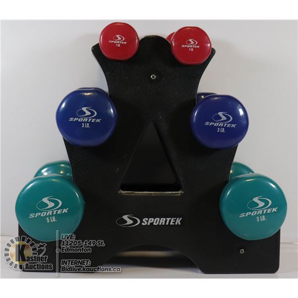 SPORTEX WEIGHT SET- 2 X 5LB, 2 X 3LB, 2 X 2LB WITH
