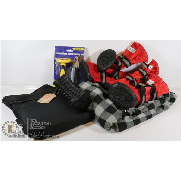 FLAT OF ASSORTED DOG ACCESSORIES INCLUDES CLOTHES