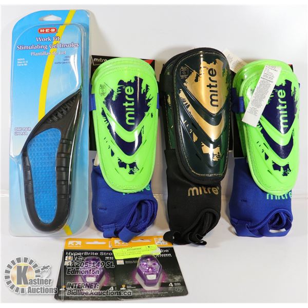 LOT OF ASSORTED ITEMS INCLUDING SHIN GUARDS