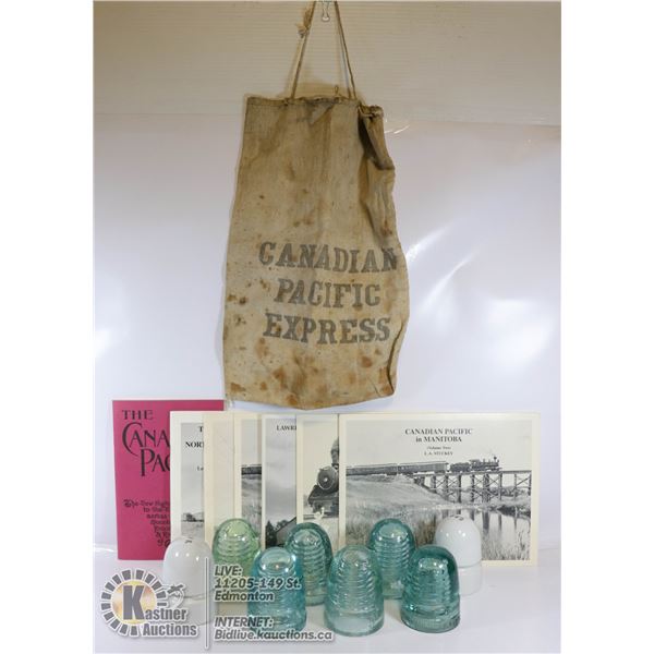 ANTIQUE CP RAIL BOOKS AND 8 RAILWAY INSULATORS