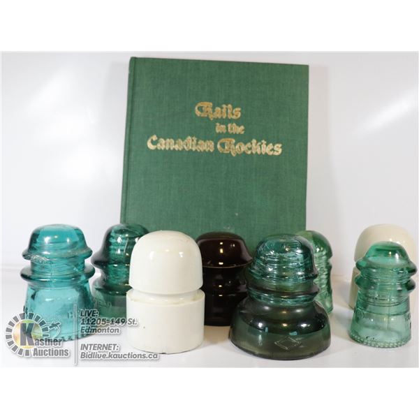 8 ANTIQUE RAILWAY INSULATORS AND BOOK