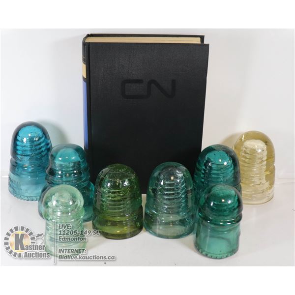 8 ANTIQUE RAILWAY INSULATORS AND BOOK