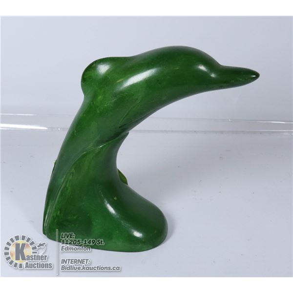 JADE STONE CARVED LARGE DOLPHIN CARVING TAMARACK