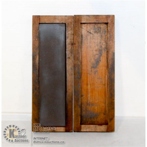 WHET STONE IN WOODEN BOX FOR SHARPENING KNIVES.