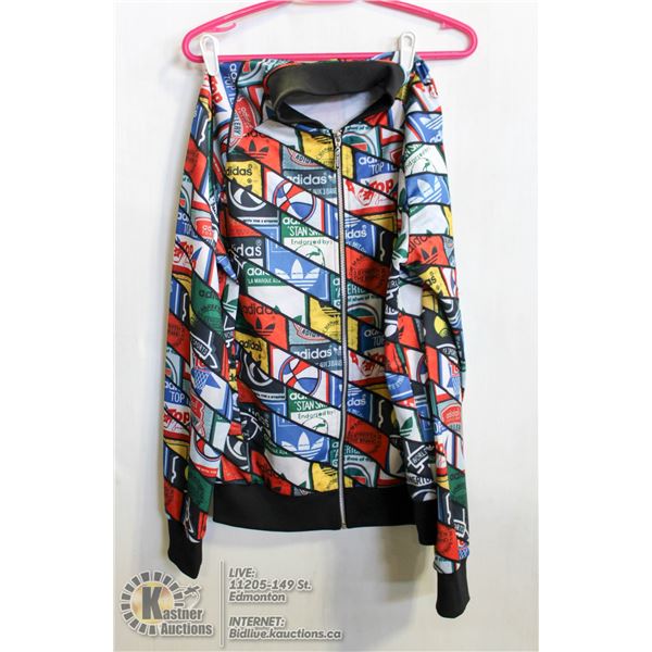 ADDIDAS SIZE LARGE MULTI LOGO SHIRT.