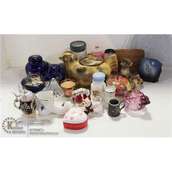 FLAT OF ASSORTED GLASS/ CERAMIC DECOR.