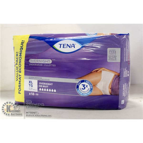 TENA XL OVERNIGHT UNDERWEAR 18 PACK.