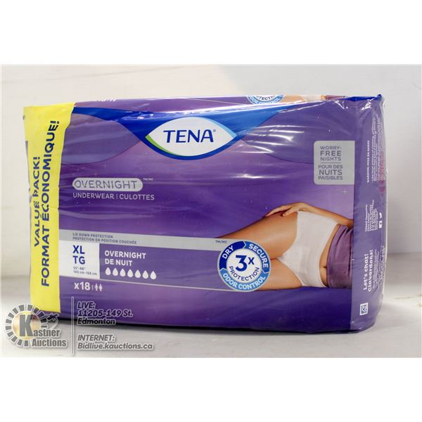 TENA XL OVERNIGHT UNDERWEAR 18 PACK.