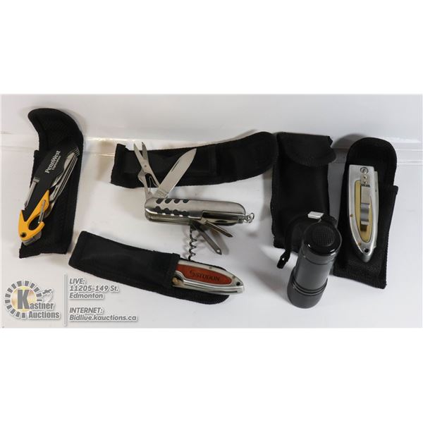 LOT OF 4 LOCK BLADE KNIVES, MULTI-TOOL AND FLASH
