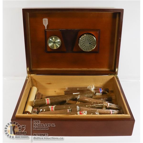 WOOD CIGAR HUMIDOR WITH CIGARS