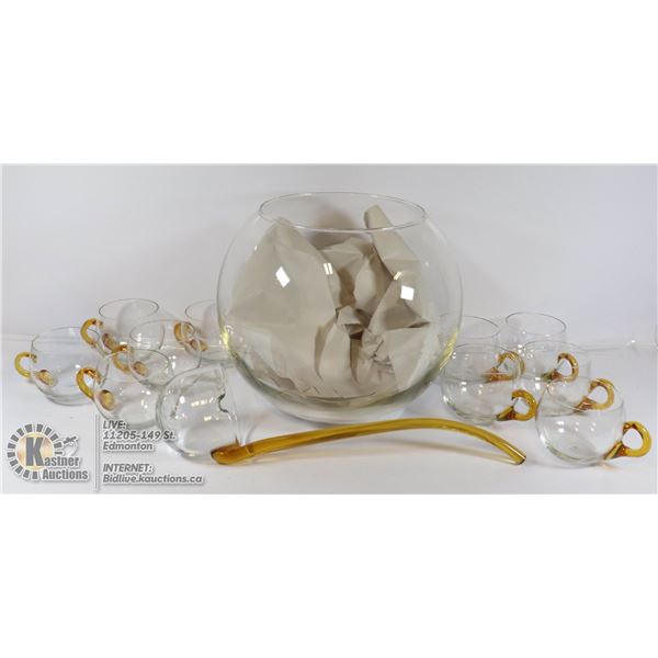 MID CENTURY TWO TONE GLASS PUNCHBOWL SET WITH