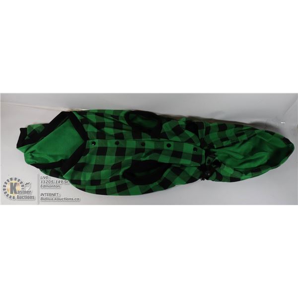GREEN FLANNEL DOG COAT SIZE XL.