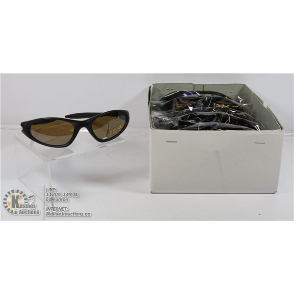 BOX OF OAKLEY STYLE SUNGLASSES.