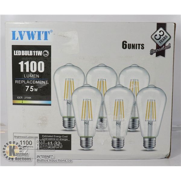 LVWIT SIX PACK OF LED FILAMENT REPLICA BULBS.
